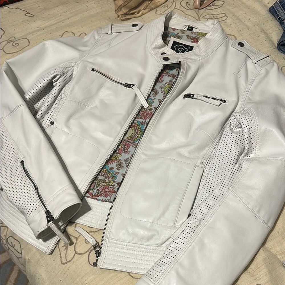White Leather Motorcycle Jacket with Silver Zipper Details